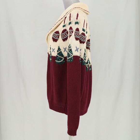 Talbots Sweater Womens Medium Ivory Burgundy Holiday Cardigan Hand Knit Vintage - Picture 13 of 14